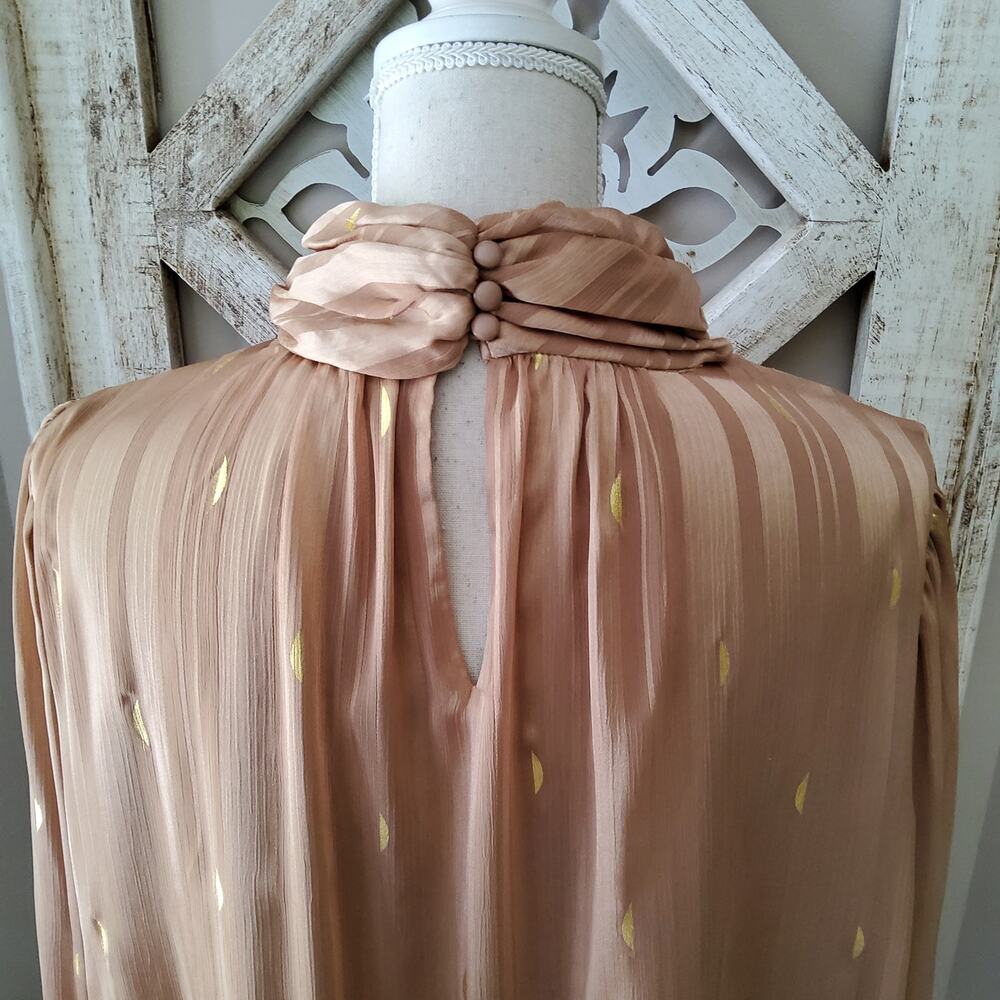 Zac & Rachel 3/4 Sleeve Mock High Neck Chiffon Blouse Gold Foil Shadow Stripe - Picture 7 of 10